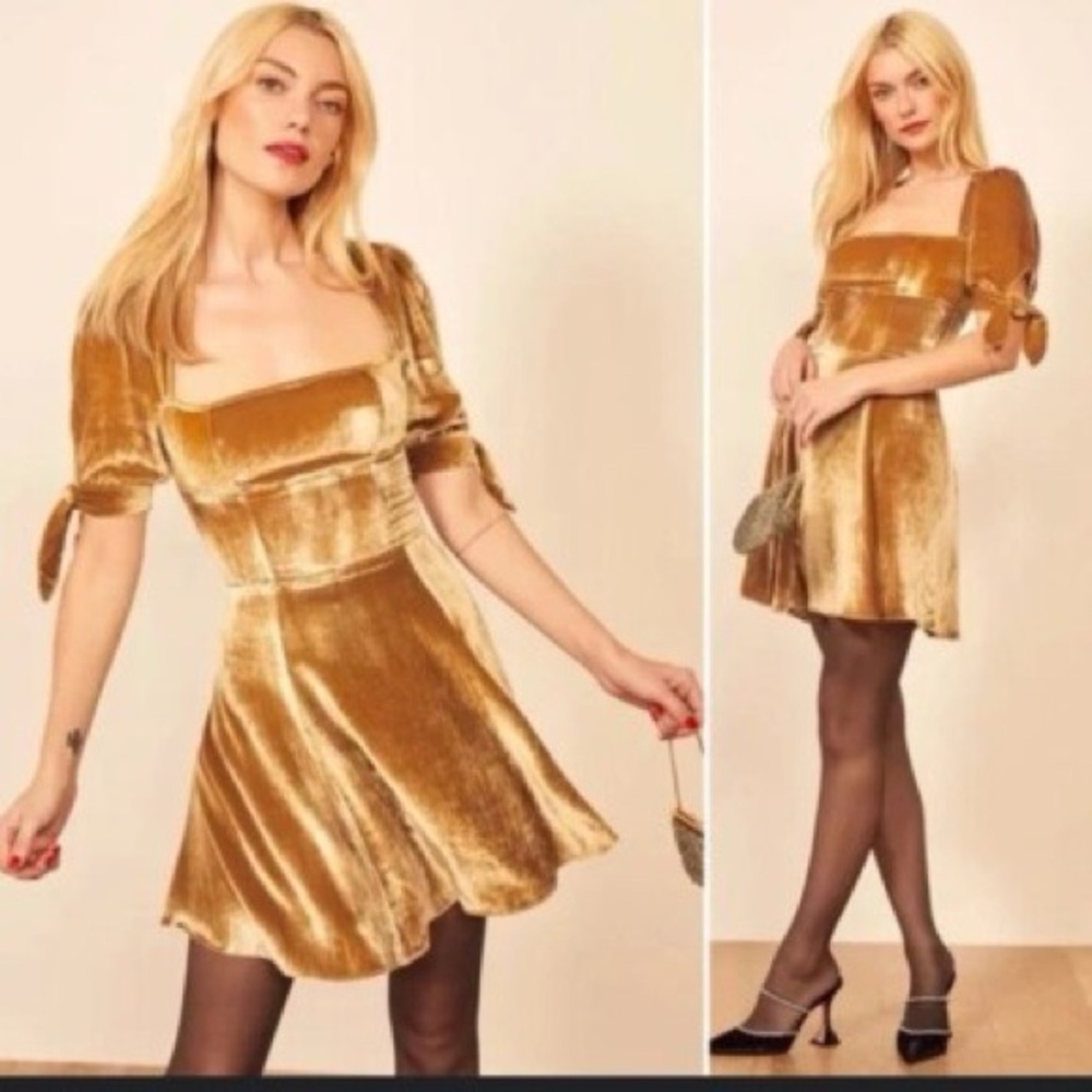 Reformation Cambrie Gold Velvet Mini Dress Size 12
